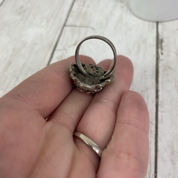 Vintage Painted Flower Adjustable Ring Gold Tone Filigree Oval Statement - Picture 4 of 8